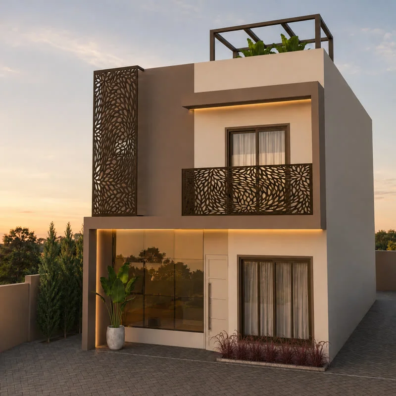Fachada de sobrado moderno projetada pela Arquiteto Agora, ilustrando artigo sobre terreno em declive