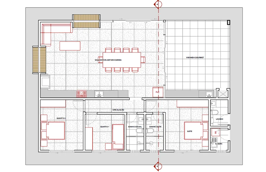 Planta baixa técnica com distribuição de ambientes