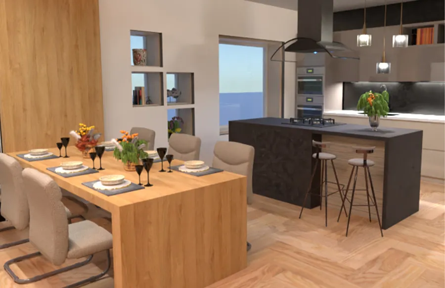 Ambiente de interiores com marcenaria planejada e iluminação